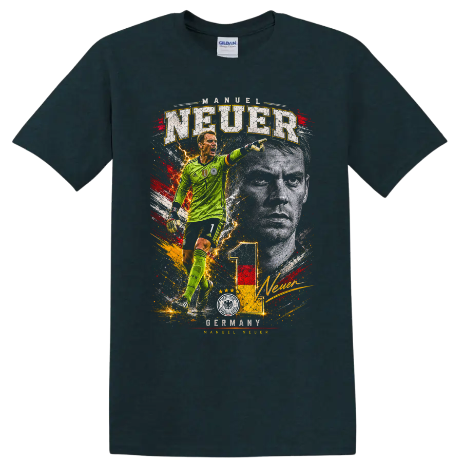 Manuel Neuer Germany goalkeeper action graphic with distressed lettering on a Midnight (Green) T Shirt