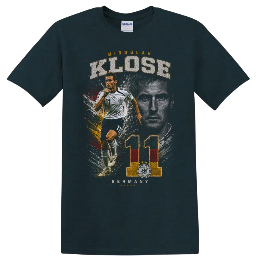Miroslav Klose Germany soccer number 11 action portrait graphic on a Midnight (Green) T Shirt