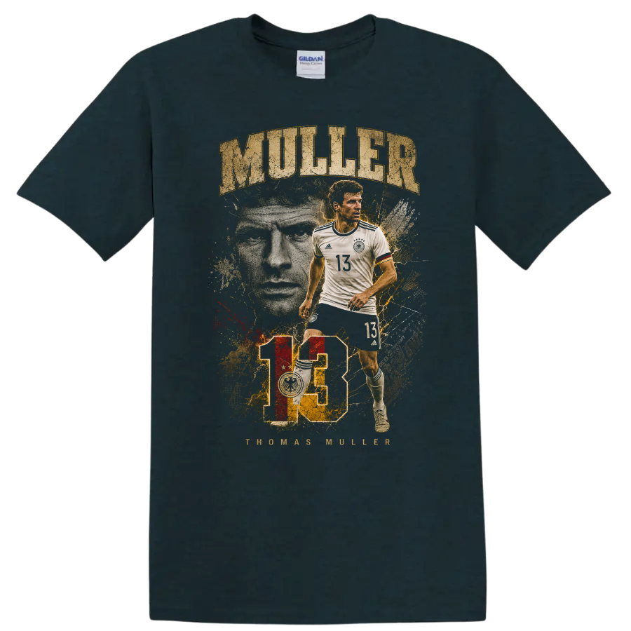 Thomas Müller Germany soccer player vintage portrait with MULLER text on a Midnight (Green) T Shirt