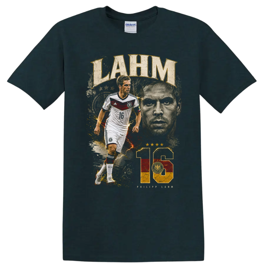 Philipp Lahm Germany soccer tribute graphic with LAHM text and number 16 on a Midnight (Green) T Shirt