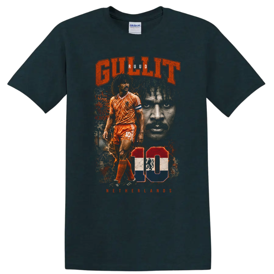 Ruud Gullit Netherlands soccer graphic with orange kit and number 10 on a Midnight (Green) T Shirt