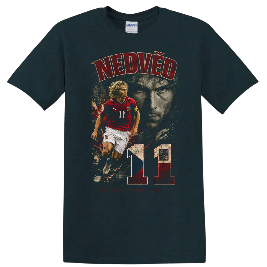 Pavel Nedvěd Czech soccer action portrait with number 11 graphic on a Midnight (Green) T Shirt