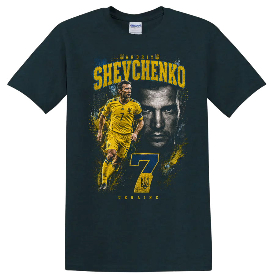 Andriy Shevchenko Ukraine soccer action portrait with number 7 on a Midnight (Green) T Shirt