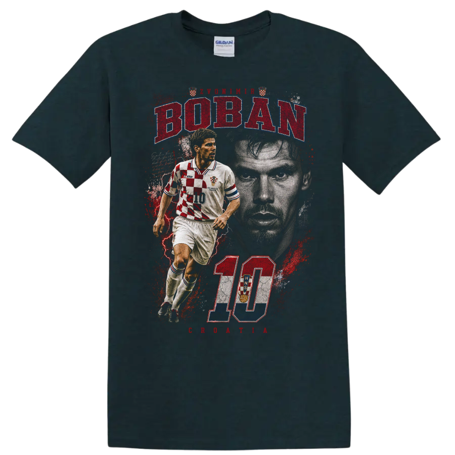 Zvonimir Boban retro soccer graphic with BOBAN and number 10 on a Midnight (Green) T Shirt