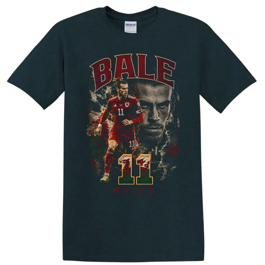 Gareth Bale Wales soccer graphic with BALE, WALES, and number 11 on a Midnight (Green) T Shirt