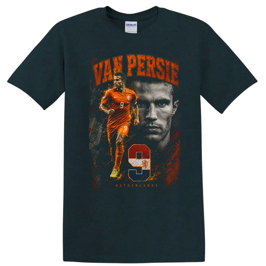 Robin van Persie Netherlands soccer vintage action portrait number 9 on a Midnight (Green) T Shirt