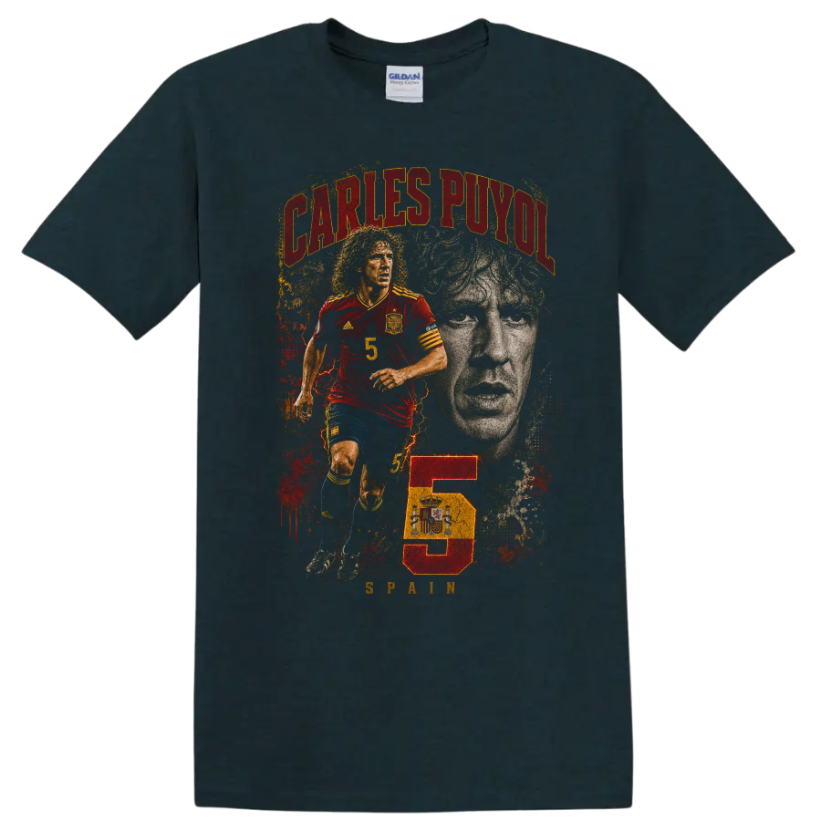 Carles Puyol Spain soccer action and portrait graphic with number 5 on a Midnight (Green) T Shirt