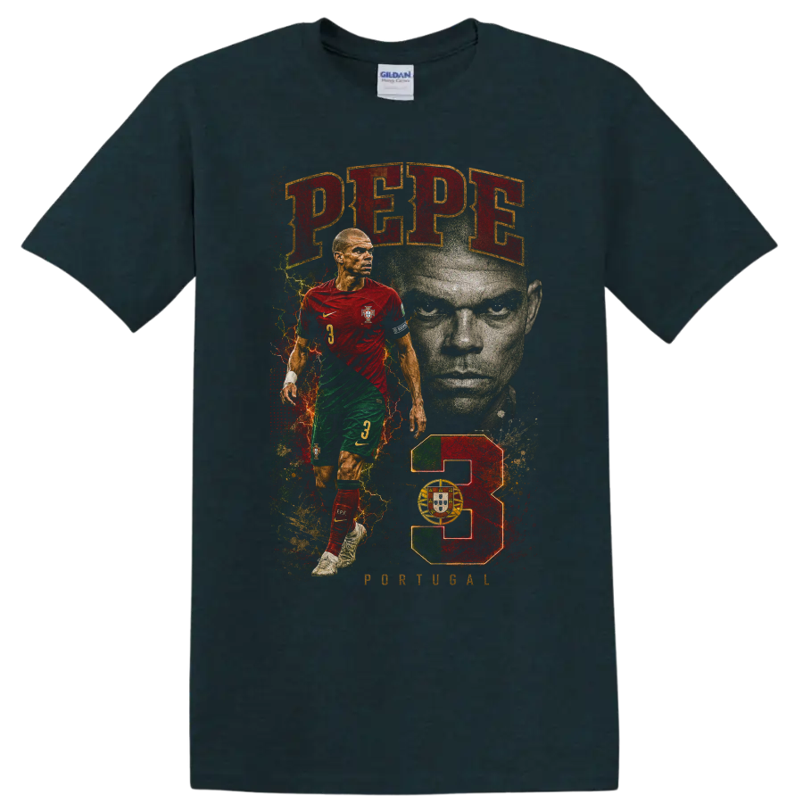 Pepe Portugal soccer player portrait graphic with red and green design on a Midnight (Green) T Shirt