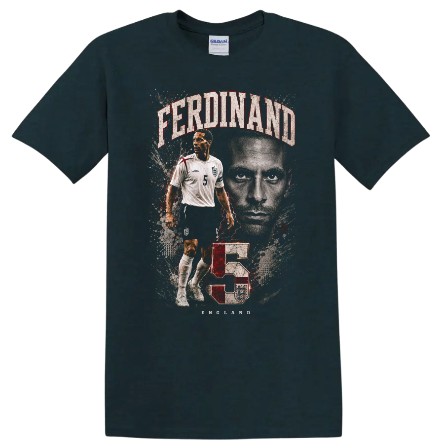 Rio Ferdinand England soccer portrait with FERDINAND text and number 5 on a Midnight (Green) T Shirt