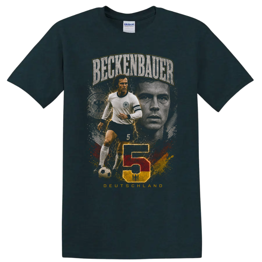 Franz Beckenbauer soccer graphic with BECKENBAUER, number 5, and DEUTSCHLAND on a Midnight (Green) T Shirt
