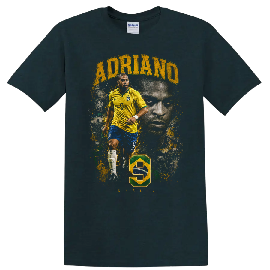 Adriano Brazil soccer graphic with action pose, portrait, and number 9 on a Midnight (Green) T Shirt