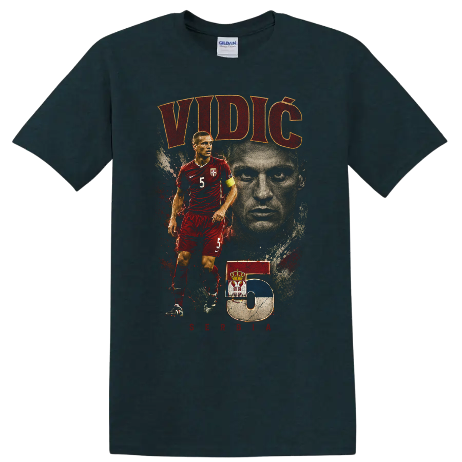 Nemanja Vidic Serbia soccer portrait graphic with VIDIĆ and number 5 on a Midnight (Green) T Shirt