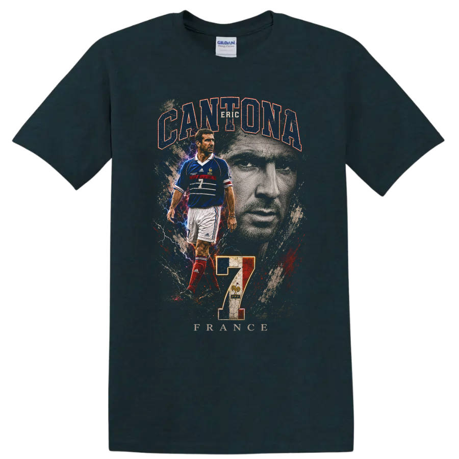 Eric Cantona France soccer graphic with portrait, CANTONA, FRANCE, and number 7 on a Midnight (Green) T Shirt