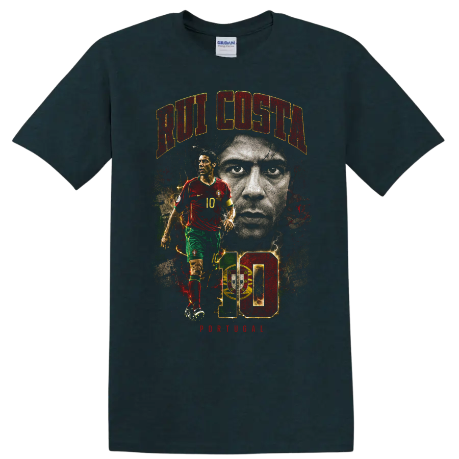 Rui Costa Portugal soccer portrait graphic with number 10 on a Midnight (Green) T Shirt