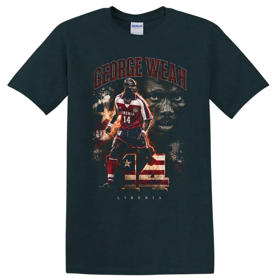 George Weah Liberia soccer number 14 distressed portrait graphic on a Midnight (Green) T Shirt