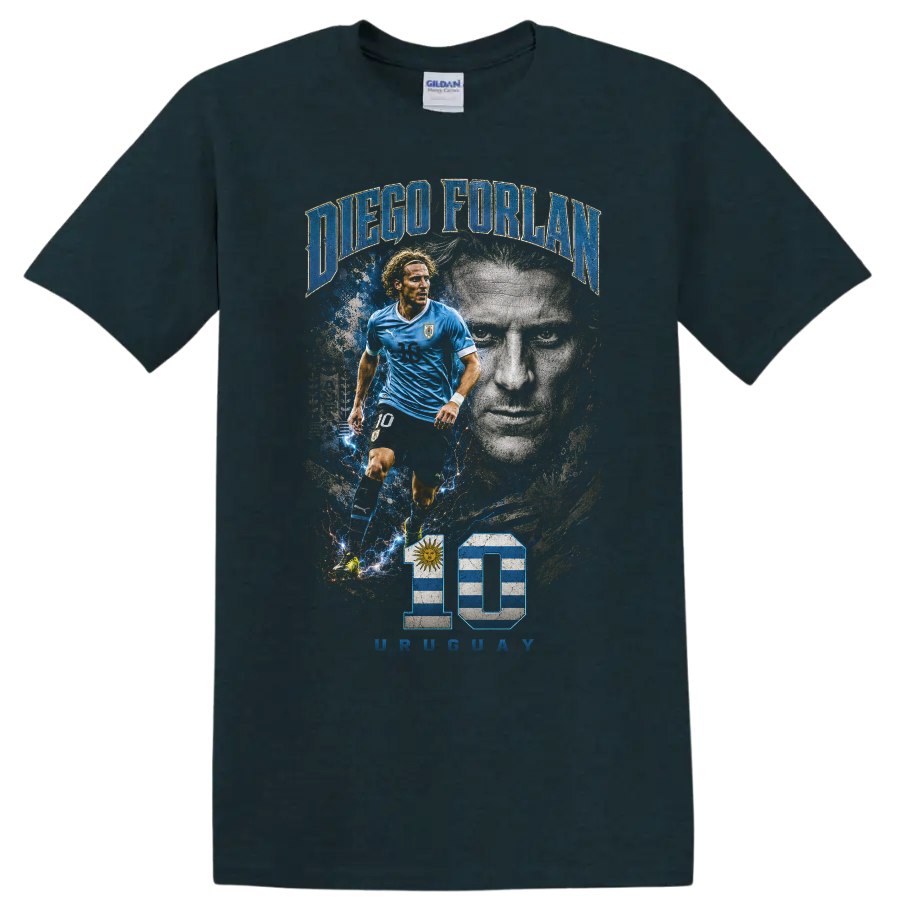 Diego Forlán Uruguay soccer action portrait graphic with number 10 on a Midnight (Green) T Shirt