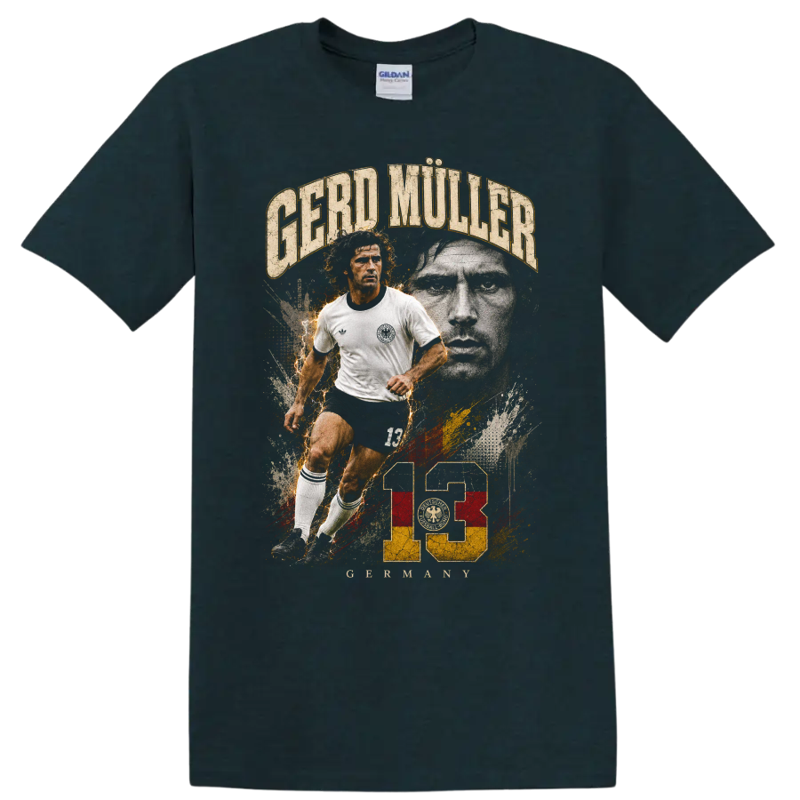 Gerd Müller soccer action portrait with distressed 13 vintage graphic on a Midnight (Green) T Shirt