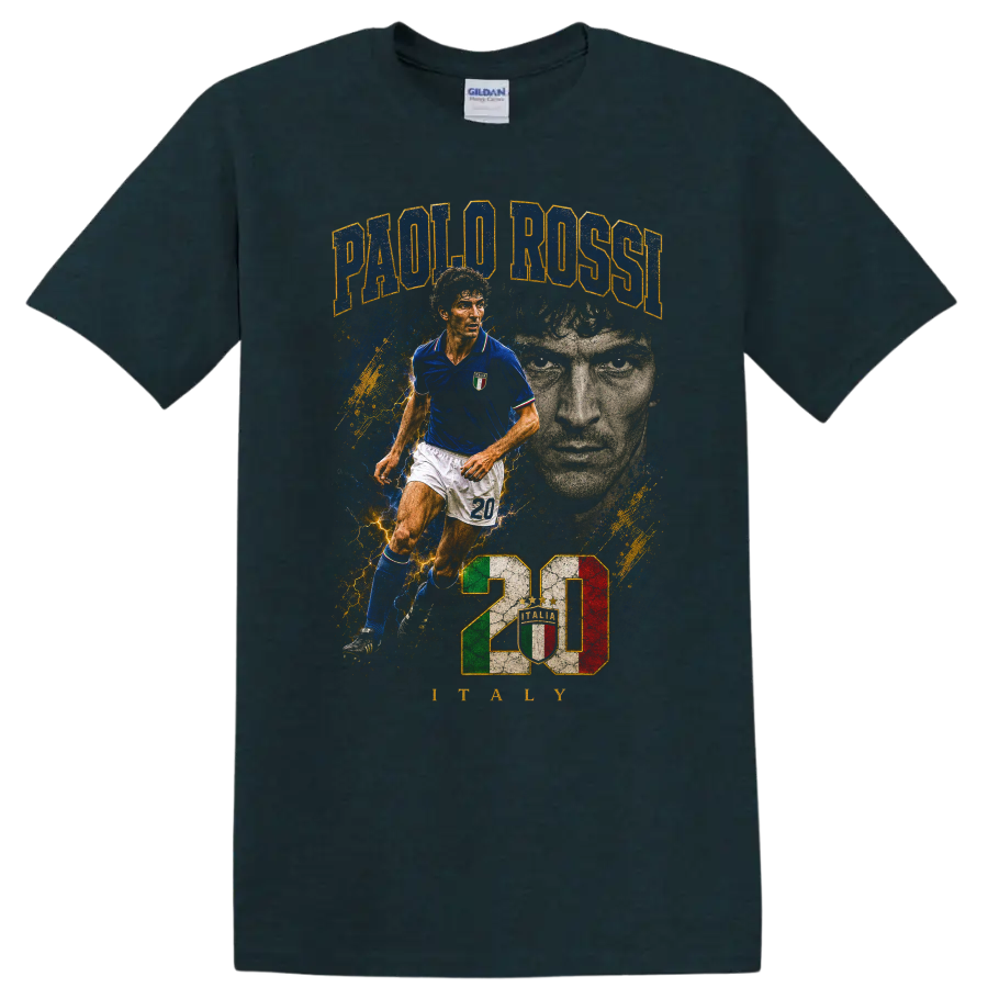Paolo Rossi Italy soccer player vintage portrait and action graphic on a Midnight (Green) T Shirt
