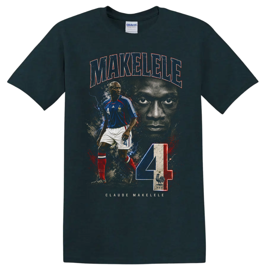 Claude Makelele France soccer portrait with MAKÉLÉLÉ text and number 4 on a Midnight (Green) T Shirt