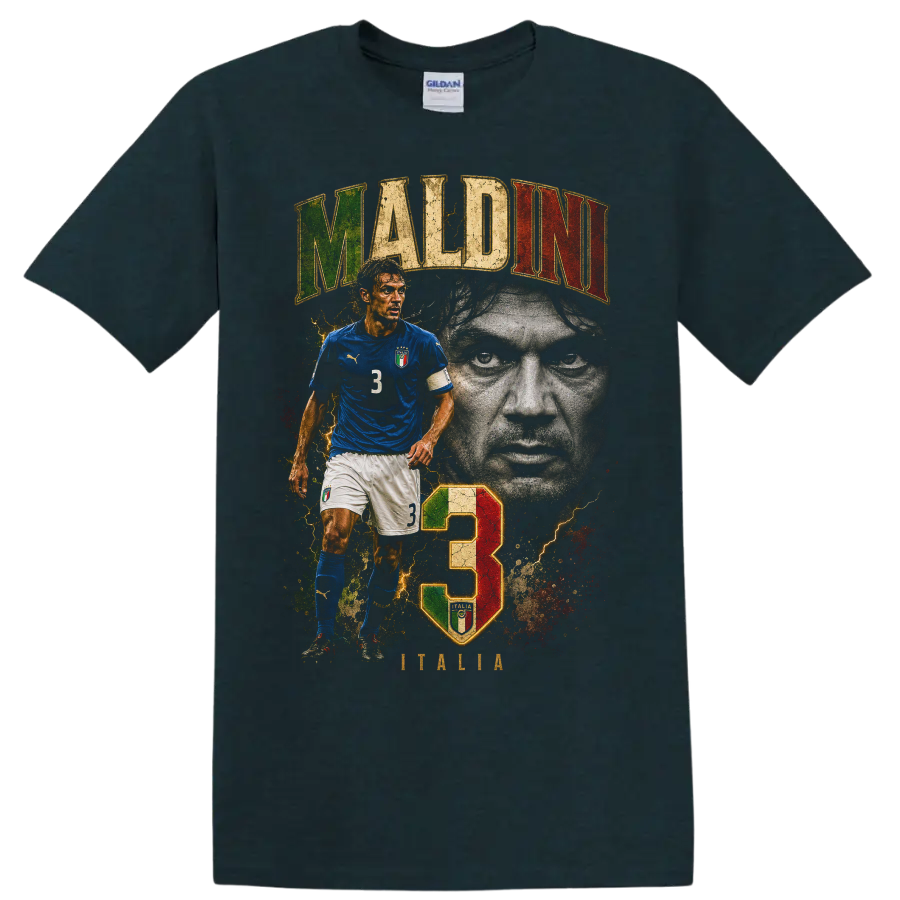 Paolo Maldini Italy soccer graphic with portrait, number 3, and MALDINI text on a Midnight (Green) T Shirt