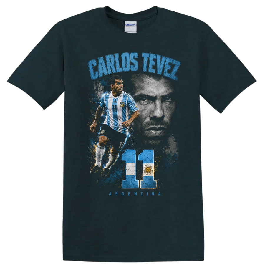 Carlos Tevez Argentina soccer portrait graphic with number 11 and flag on a Midnight (Green) T Shirt