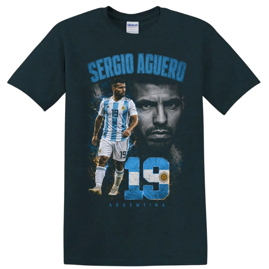 Sergio Agüero Argentina soccer tribute graphic with portrait and number 19 on a Midnight (Green) T Shirt