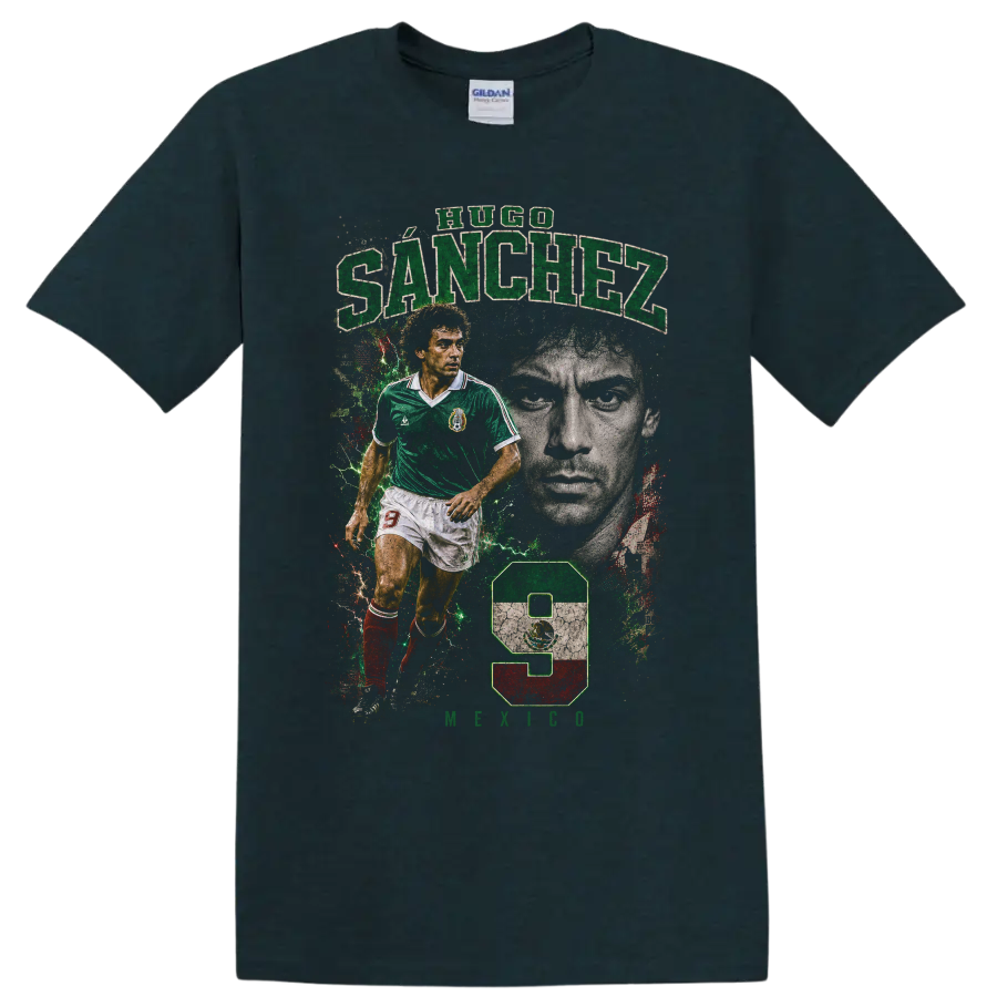 Hugo Sánchez Mexico soccer tribute graphic with number 9 on a Midnight (Green) T Shirt