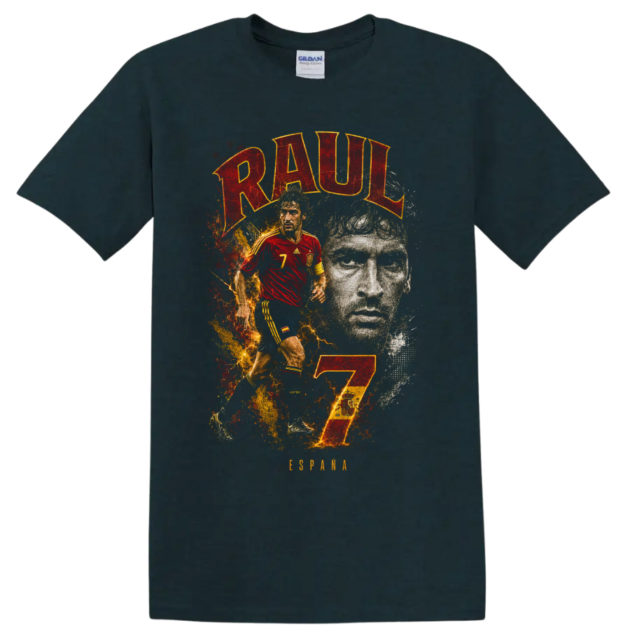 Raúl González soccer tribute graphic with RAUL lettering and number 7 on a Midnight (Green) T Shirt