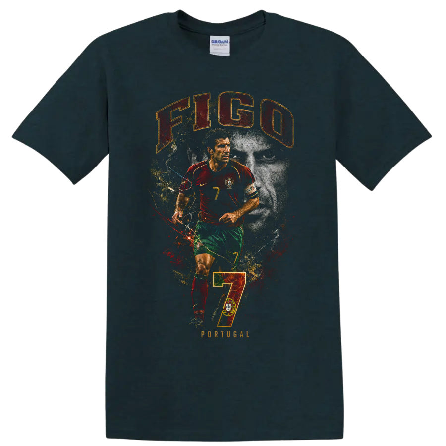Luís Figo Portugal soccer portrait with number 7 and distressed graphic design on a Midnight (Green) T Shirt