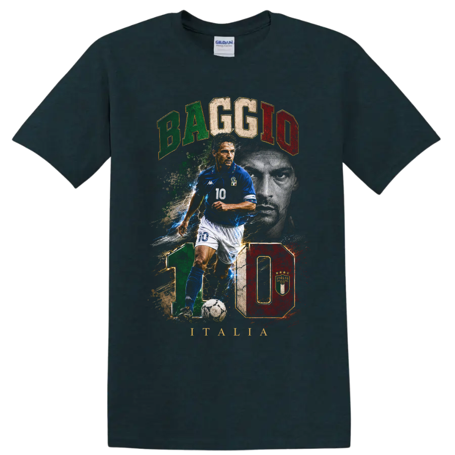 Roberto Baggio Italy soccer action portrait with number 10 graphic on a Midnight (Green) T Shirt