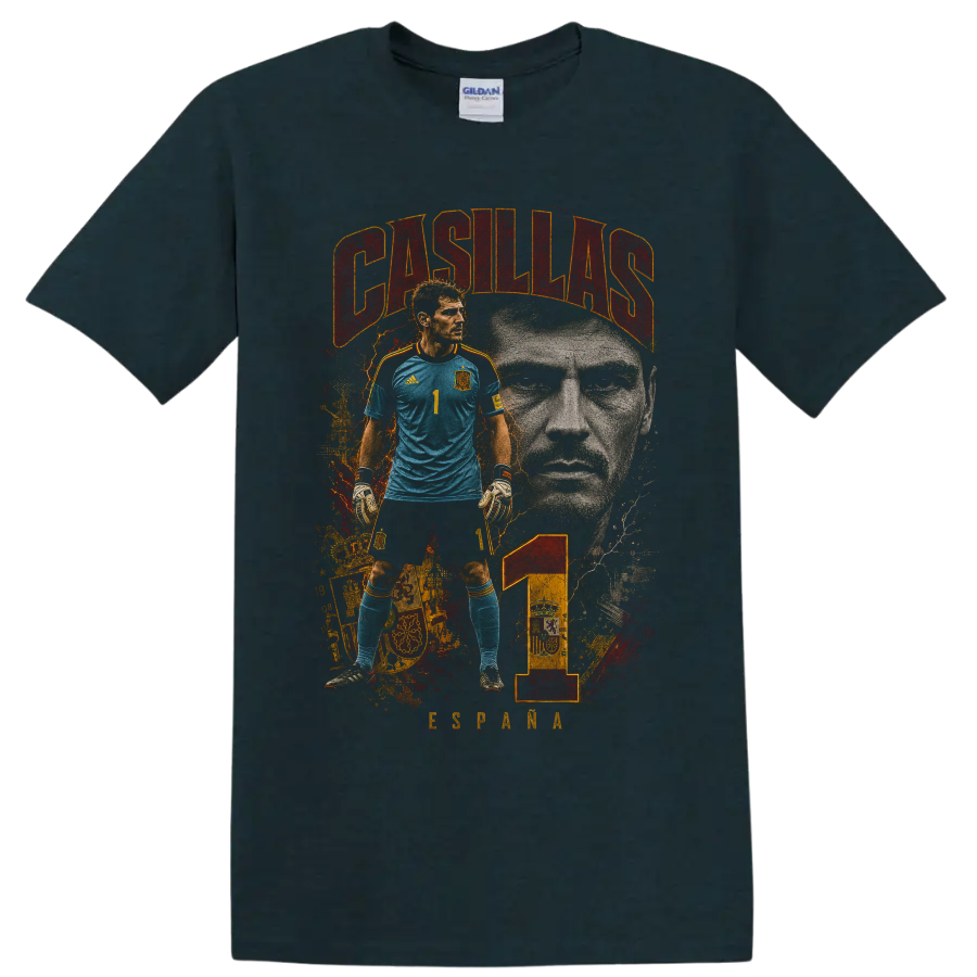 Iker Casillas Spain goalkeeper portrait with CASILLAS text and number 1 on a Midnight (Green) T Shirt