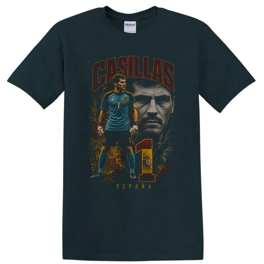 Iker Casillas Spain goalkeeper portrait graphic with number 1 on a Midnight (Green) T Shirt