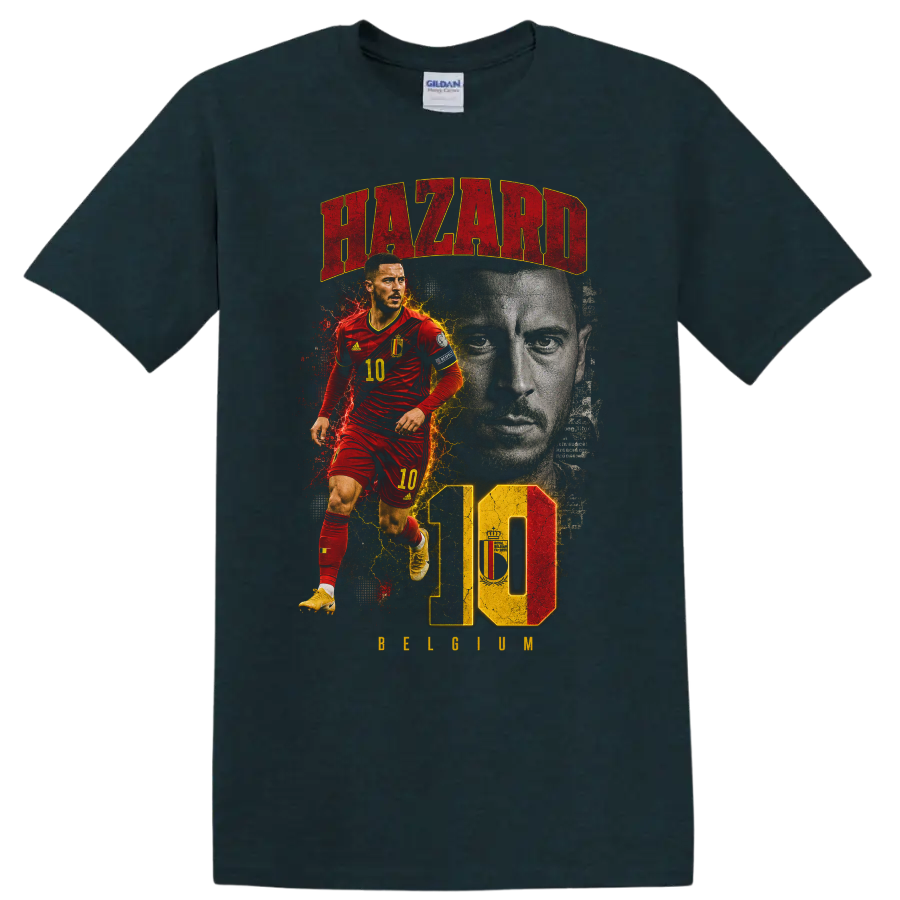 Eden Hazard Belgium soccer graphic with HAZARD, number 10, and BELGIUM on a Midnight (Green) T Shirt
