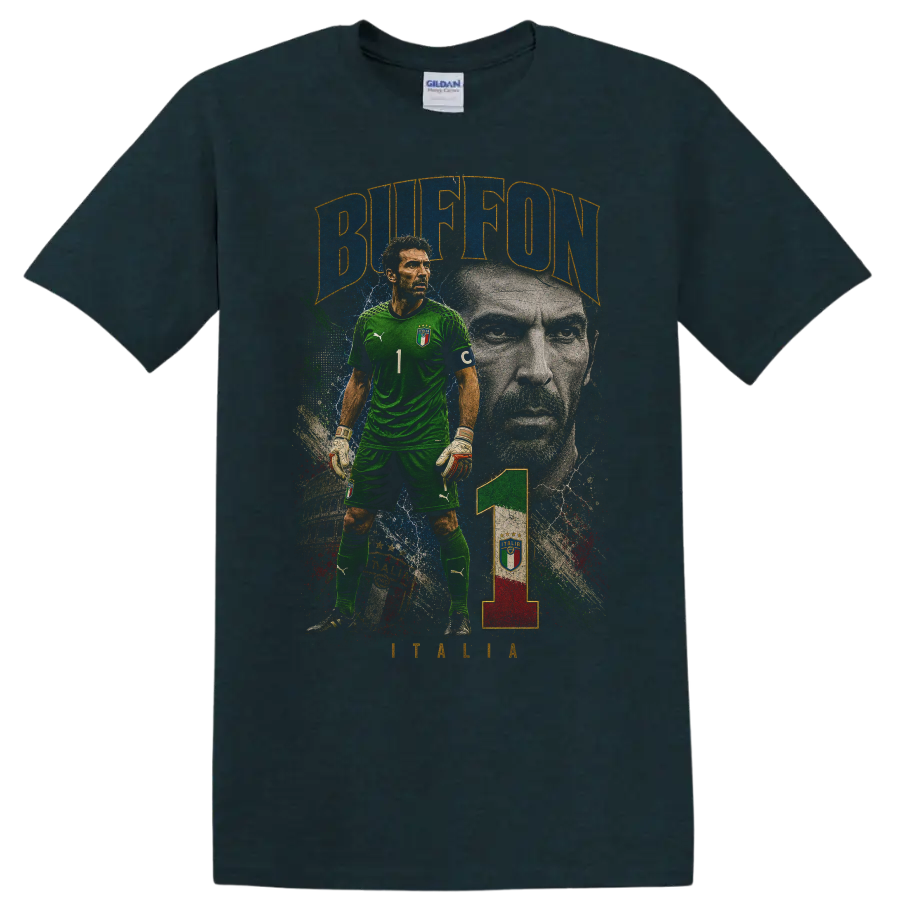 Gianluigi Buffon Italy goalkeeper portrait graphic with BUFFON text on a Midnight (Green) T Shirt