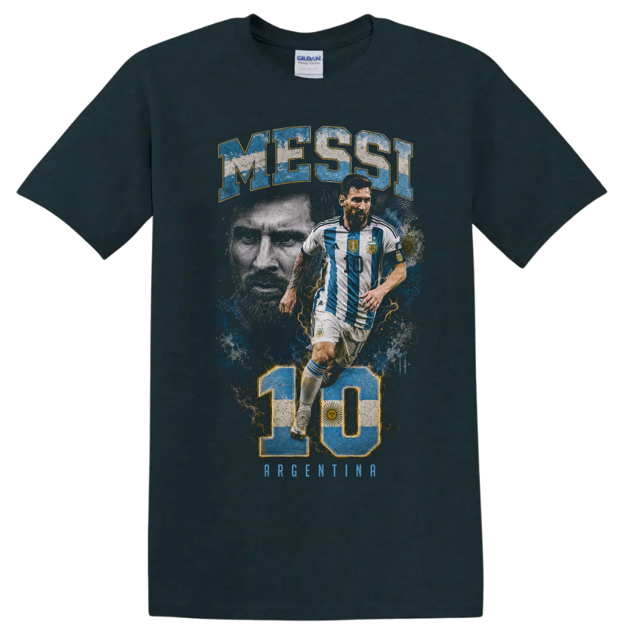 Lionel Messi Argentina number 10 soccer graphic with MESSI text on a Midnight (Green) T Shirt