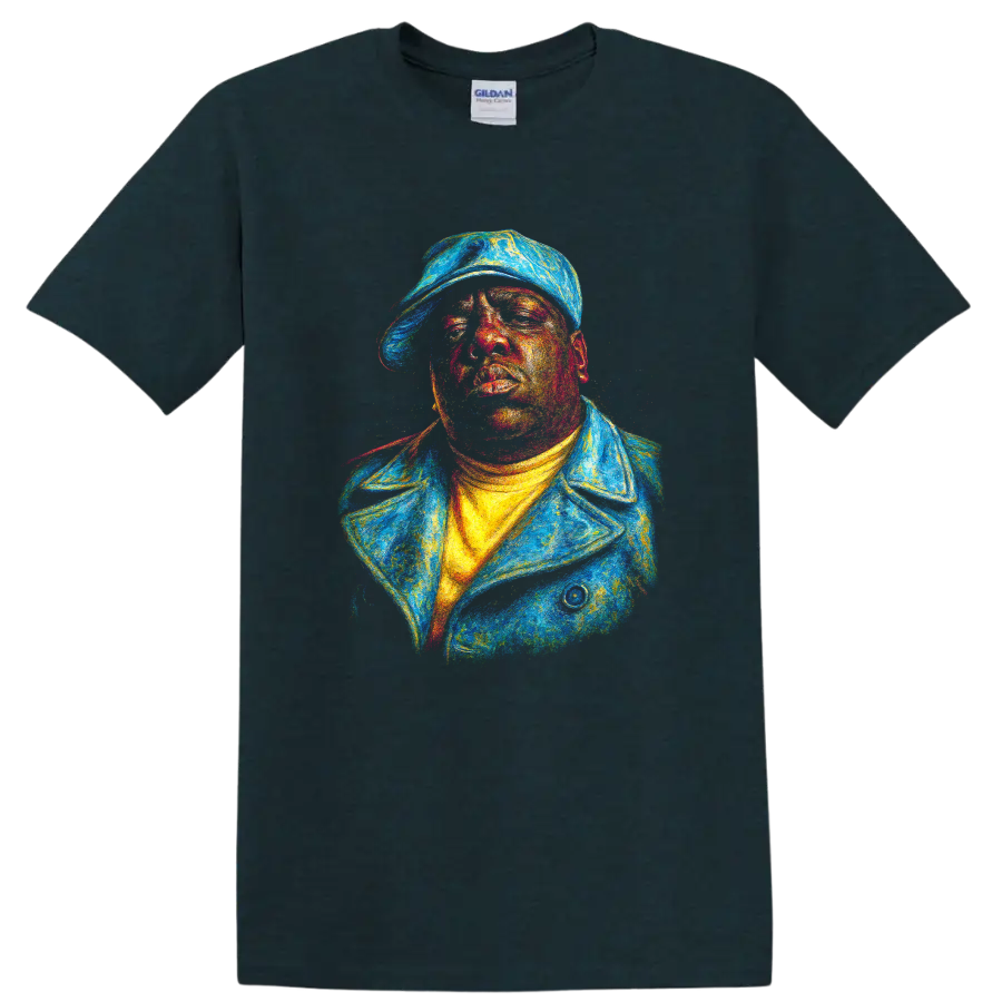 Colorful textured portrait of The Notorious B.I.G. in a cap and jacket on a Midnight (Green) T Shirt