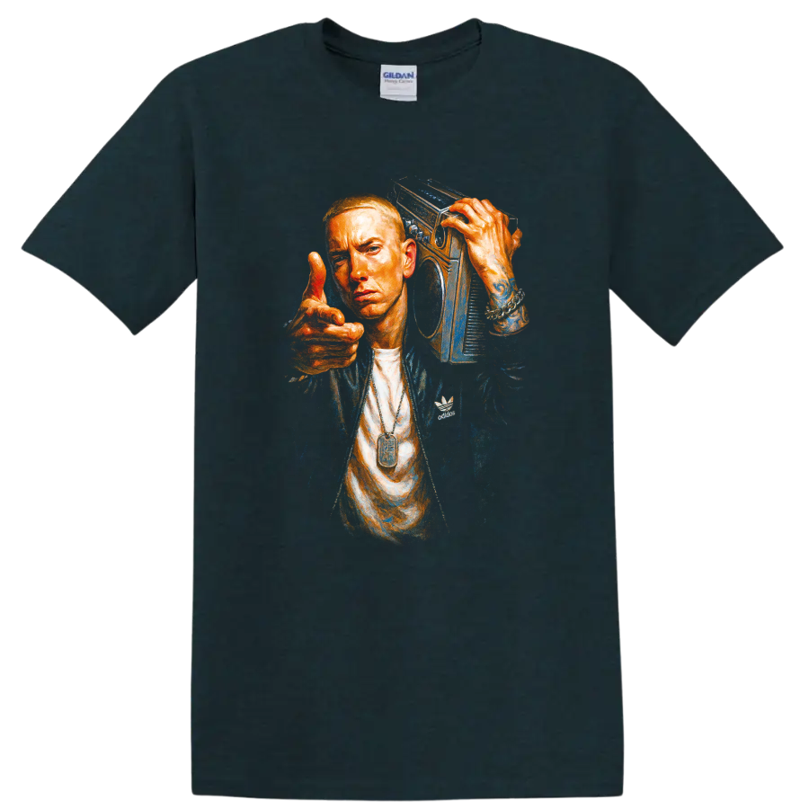 Eminem portrait graphic with boombox in vivid orange and blue on a Midnight (Green) T Shirt