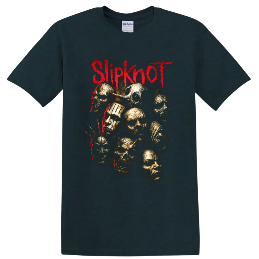 Slipknot red logo with distressed gold masks and skull-like faces on a Midnight (Green) T Shirt