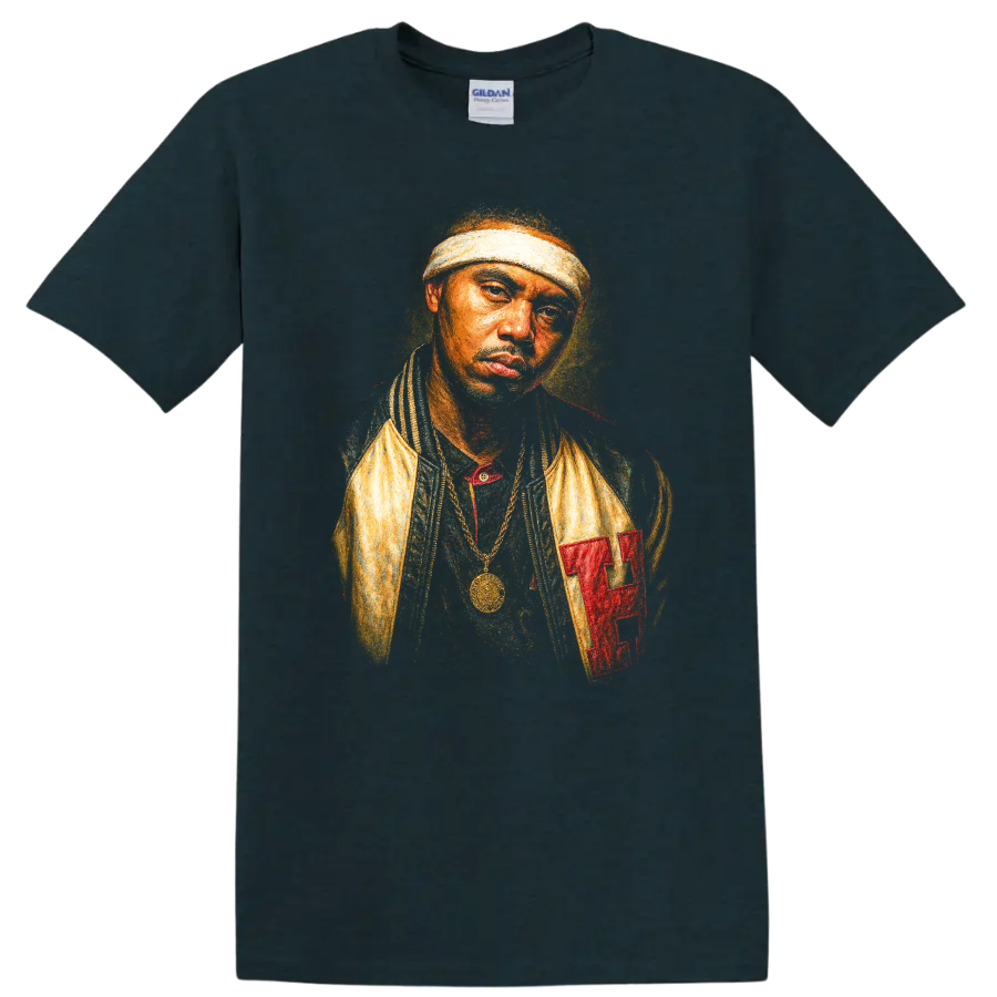 LL Cool J classic hip hop portrait graphic with headband and gold chain on a Midnight (Green) T Shirt