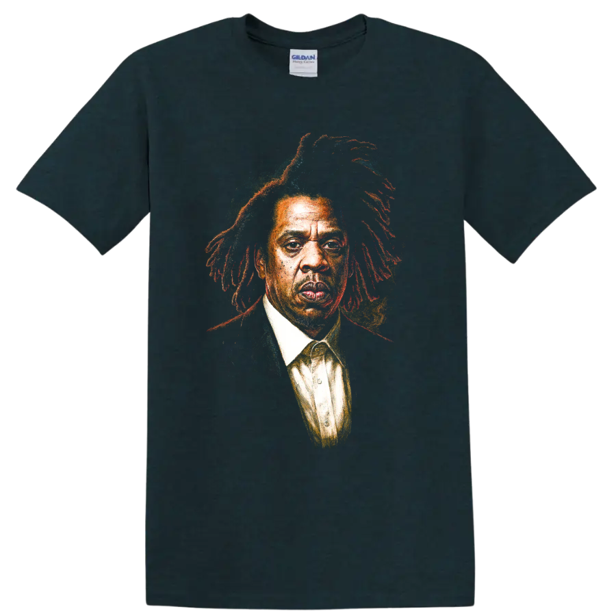 Jay-Z portrait graphic print with colorful painterly hip-hop textures on a Midnight (Green) T Shirt