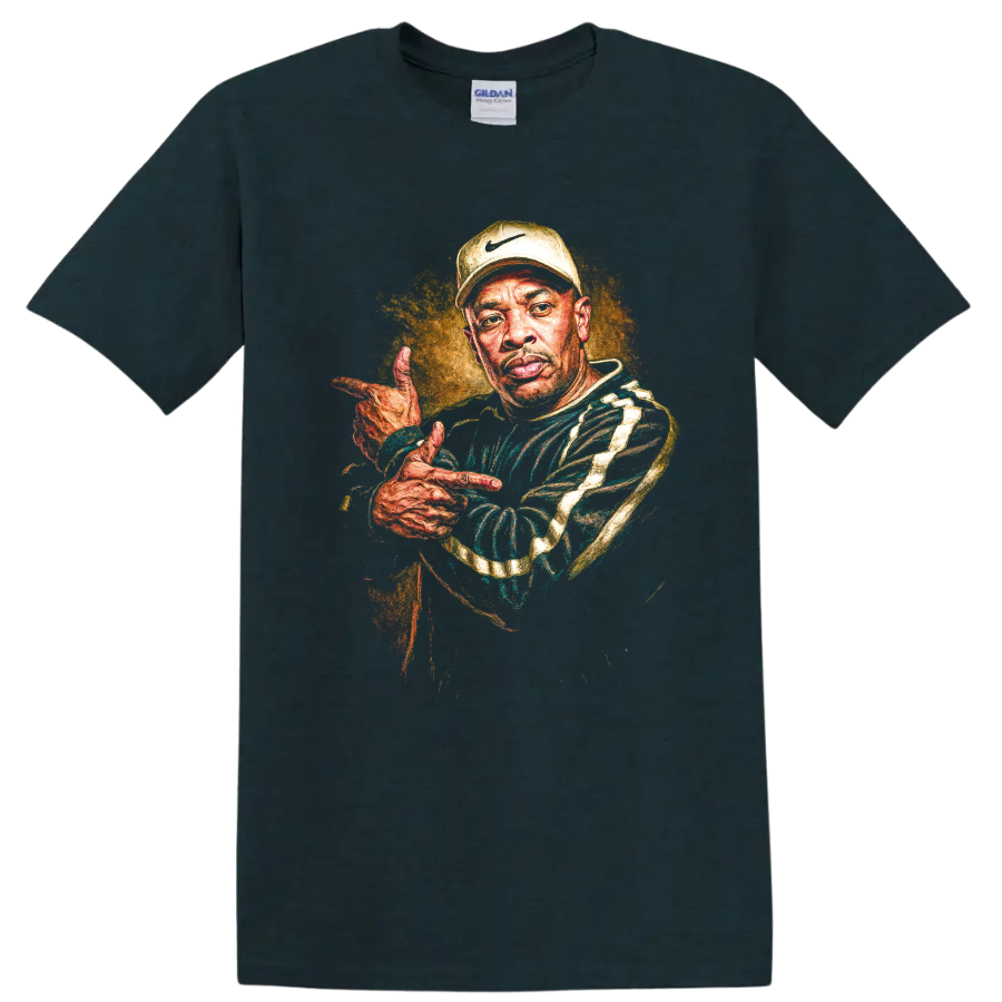 Dr. Dre portrait in vibrant hand-painted West Coast hip-hop style on a Midnight (Green) T Shirt