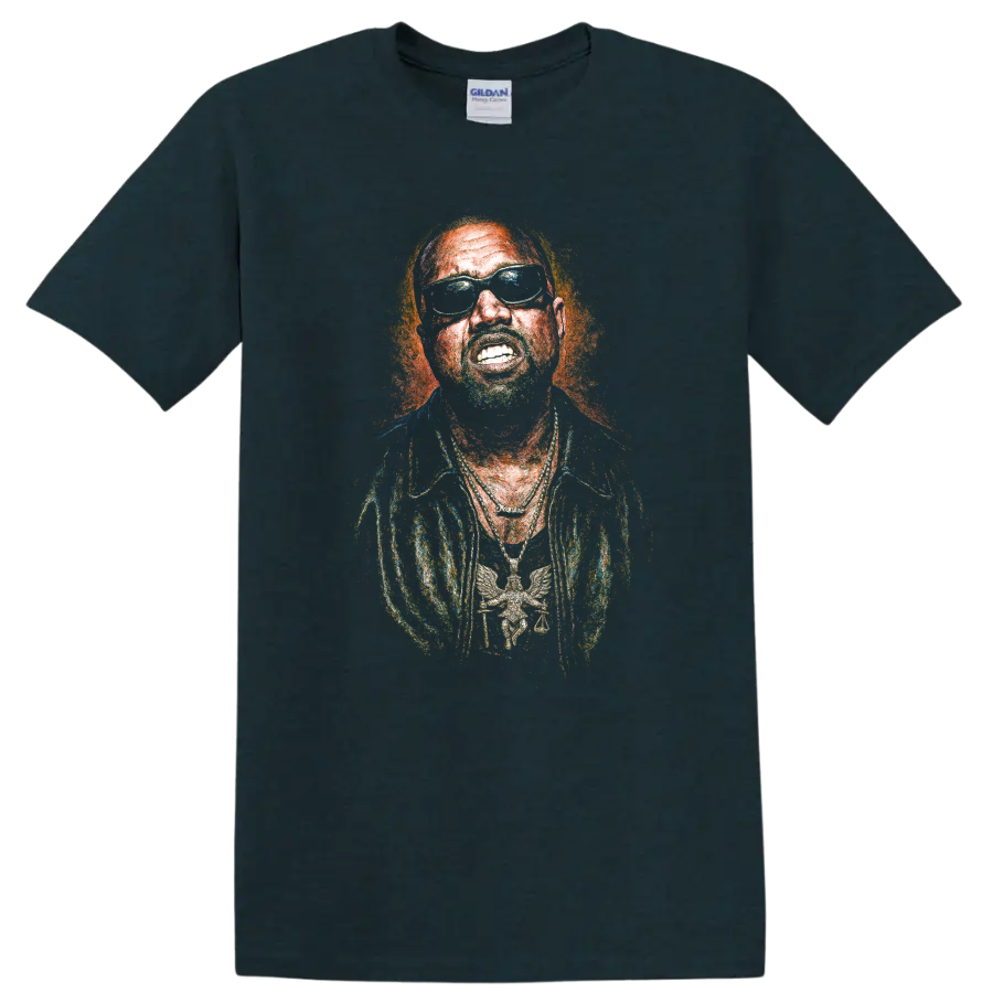 Kanye West stylized portrait with negative thermal-effect artwork on a Midnight (Green) T Shirt