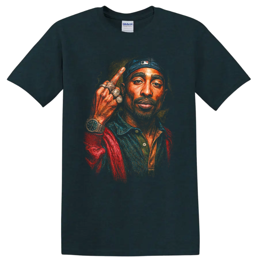 Colorful Tupac Shakur 2Pac hip-hop portrait graphic print on a Midnight (Green) T Shirt