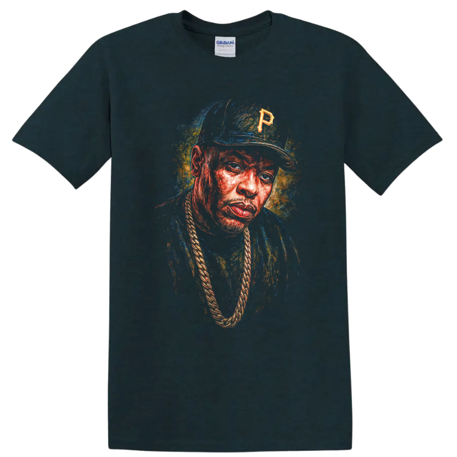 Oil-painted portrait of The Notorious B.I.G. in colorful hip-hop artwork on a Midnight (Green) T Shirt