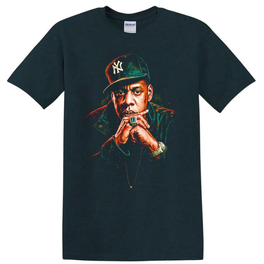 Jay-Z pop-art portrait wearing a New York Yankees-inspired cap on a Midnight (Green) T Shirt