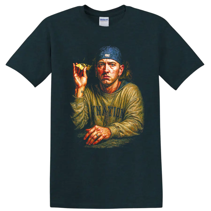 Eminem hip-hop portrait artwork with vivid illustrated colors on a Midnight (Green) T Shirt