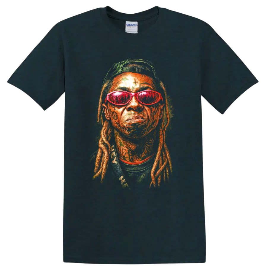 Lil Wayne pop-art portrait with red sunglasses and detailed locs on a Midnight (Green) T Shirt