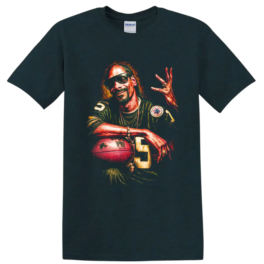Snoop Dogg hip-hop portrait with football-inspired jersey and sunglasses on a Midnight (Green) T Shirt