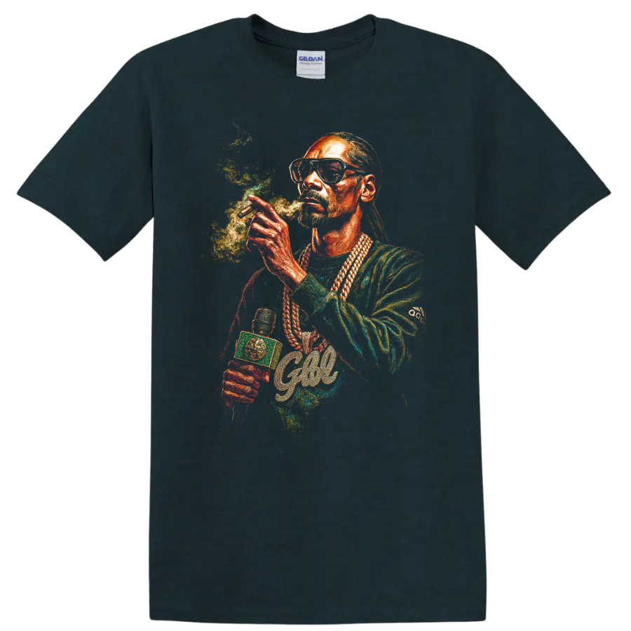 Colorful Snoop Dogg hip-hop portrait artwork with sunglasses and braids on a Midnight (Green) T Shirt