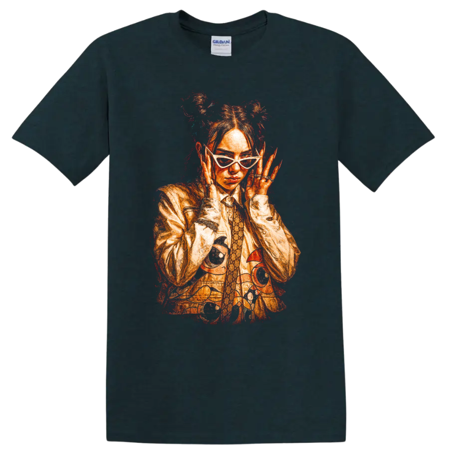 Billie Eilish fiery red-orange pop art portrait with sunglasses on a Midnight (Green) T Shirt